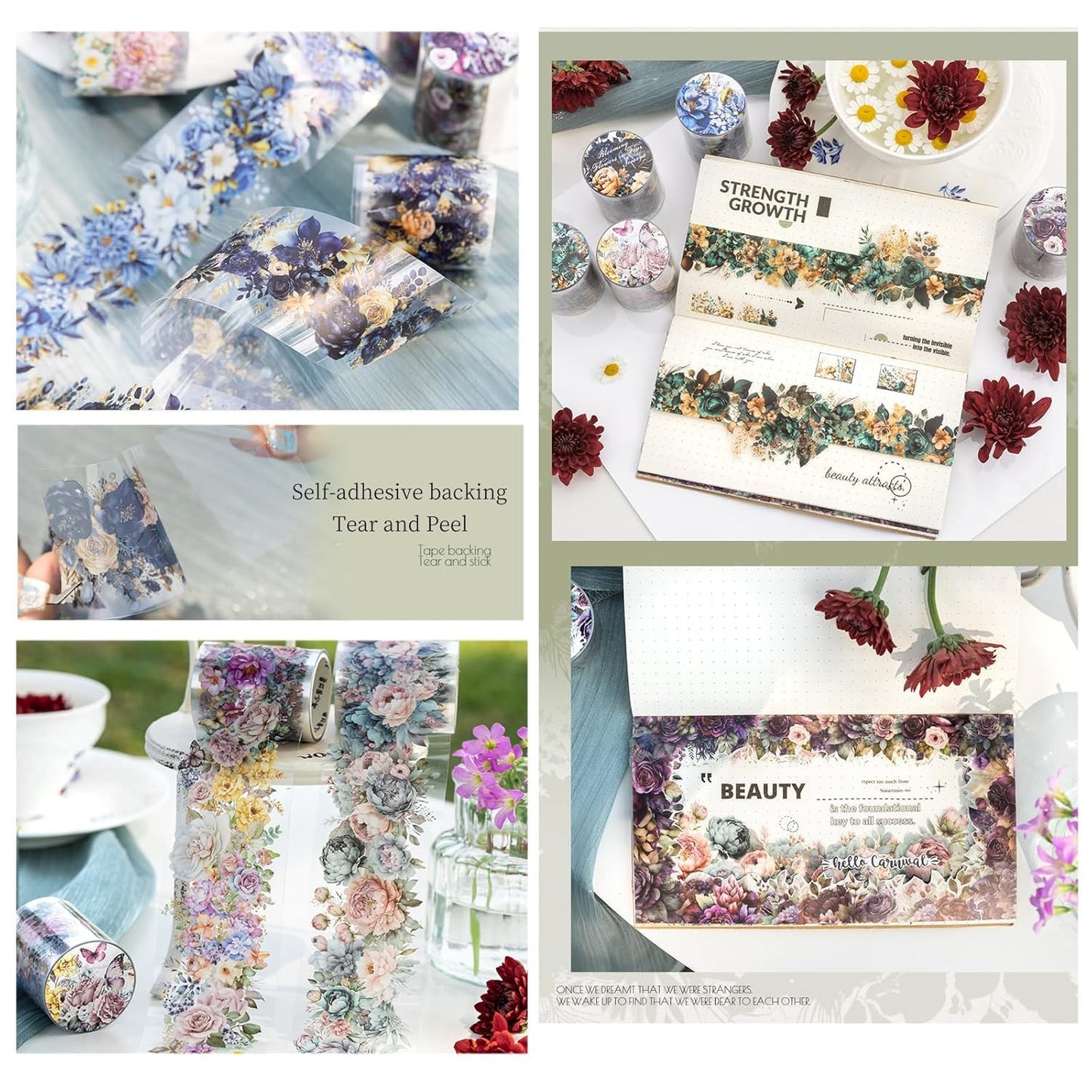 Flower PET Tape Stickers for Journaling,6 Rolls Transparent Floral Washi Tape for Scrapbook Supplies,Junk Journal,DIY Craft,Notebook,Diary(Flourishing Blossom)