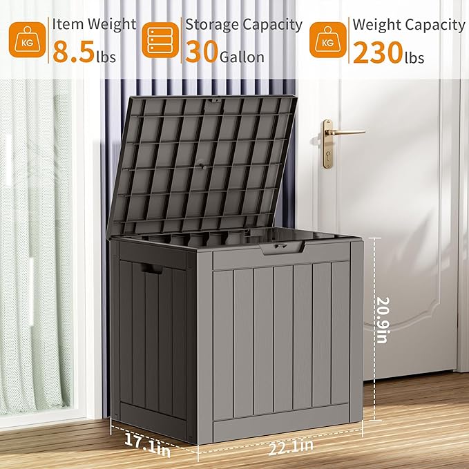 30 Gallon Waterproof Outdoor Storage Box,Resin Deck Box,Lockable Outside Storage Box Container for Patio Furniure,Garden Tools (30 Gallon,Grey)
