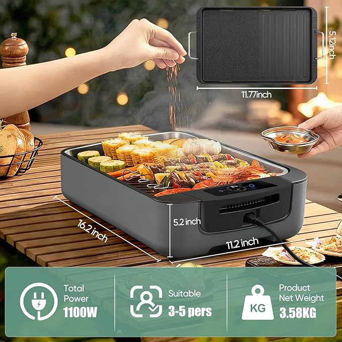Smokeless Indoor Grill, Amornest Electric Indoor Grill 1100W for Korean BBQ with Dual Turbo Smoke Extractor, LED Smart Display & Dual-Zone Nonstick Grills Plate, 6-Level Temp Control, Dishwasher Safe