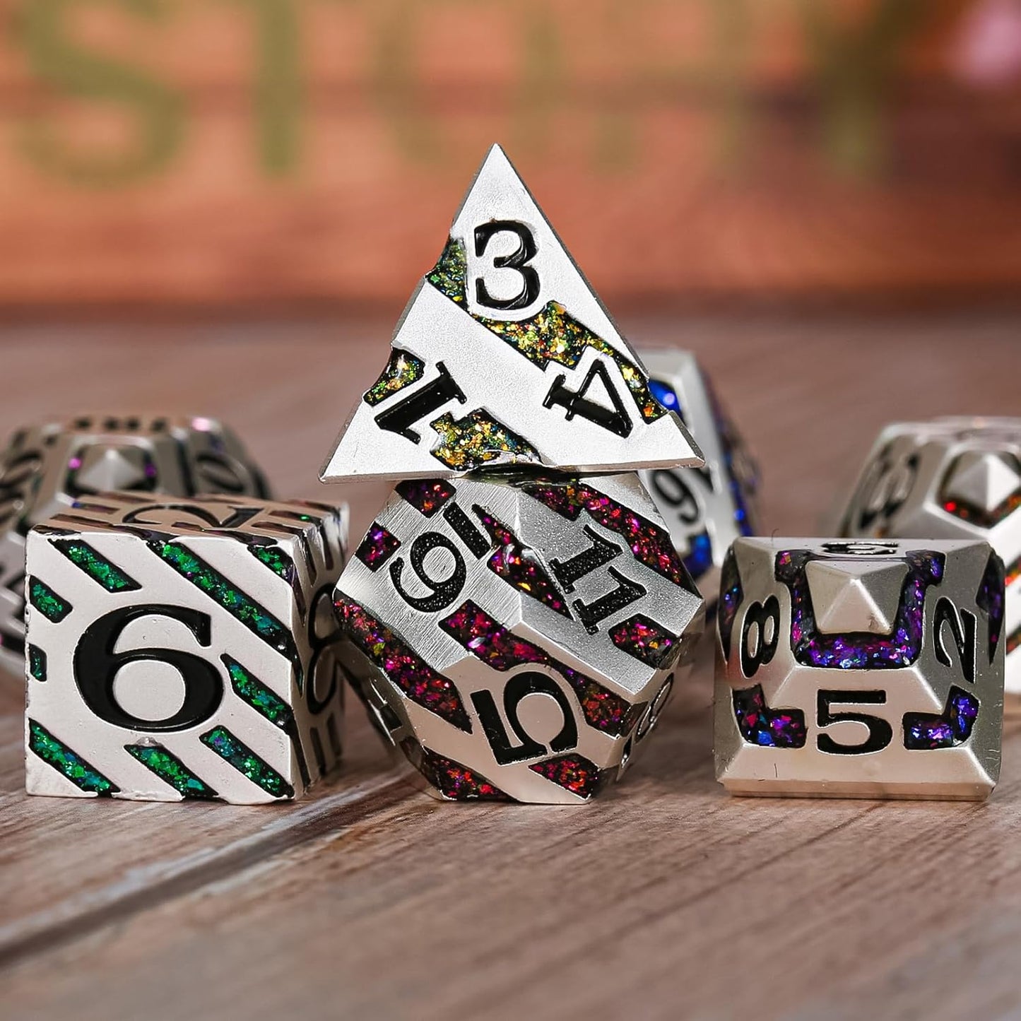 Metallic Stripes Dice with Gift Case, D&D Metal Polyhedral Dice Sets for Tabletop Games (Pearl Silver Seven Colors)