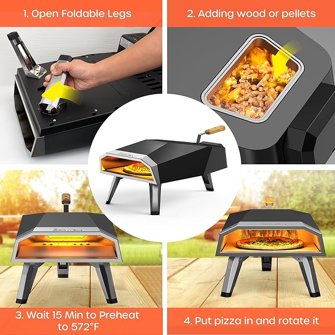 Outdoor Wood Pellet Pizza Oven – 12" Woodfire Pizza Stone Oven, Wood Fired Pizza Maker, Portable for Backyard Party, with Pizza Stone, Pizza Peel, Pizza Cutter, Infrared Thermometer