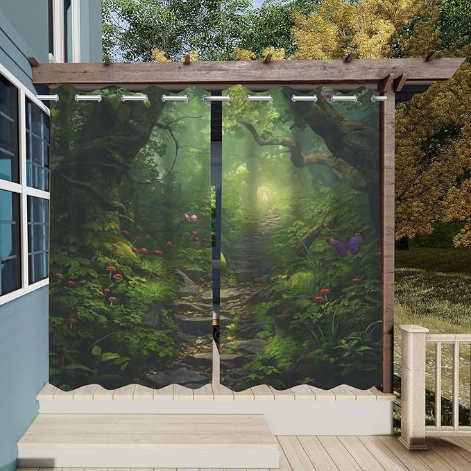 Fantasy Theme Outdoor Curtains for Patio Waterproof,Forest Pattern,Waterproof, Privacy, Grommet Curtains for Patio, Pergola, Porch, Deck, Lanai, Cabana,Set of 2 Panels,W54 x L108,Green