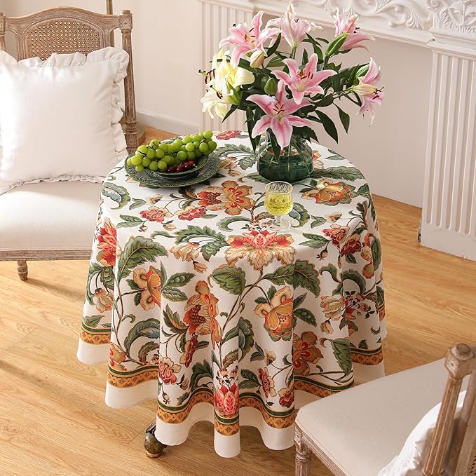 patdrea Designer Vintage Linen Round Tablecloth,Provencal Rustic Floral Pattern Tablecloths,Decorative Table Cover Cloth for Kitchen,Dining Room,Tea Party,Home,Christmas,Diameter 67"