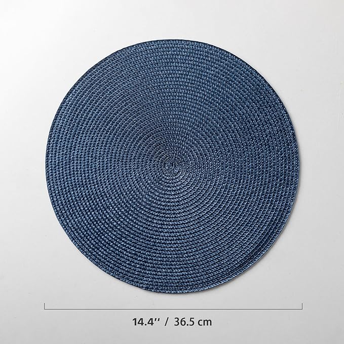 Round Placemats Set of 12 Plastic Woven Placemats Washable Wipeable Table Mats for Dining Table Heat Resistant Non-Slip Circle Place Mats (Navy Blue)