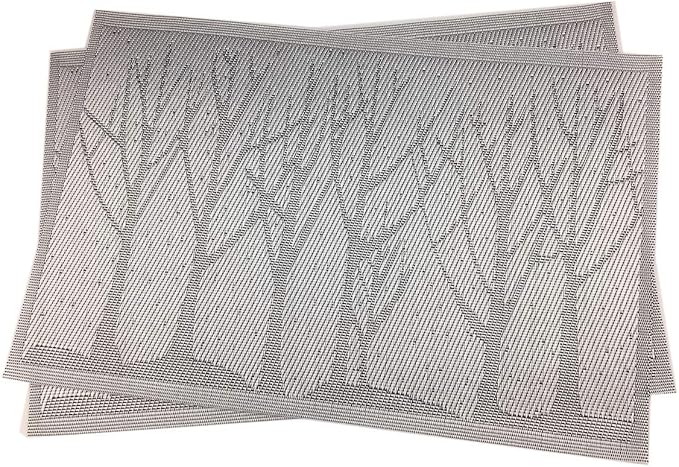 Gugrida Place Mats PVC Set of 6, Table Placemats Set of 6 PVC Woven Vinyl Place Mats Table Mats Natural Color (6 pcs, Silver Tree)