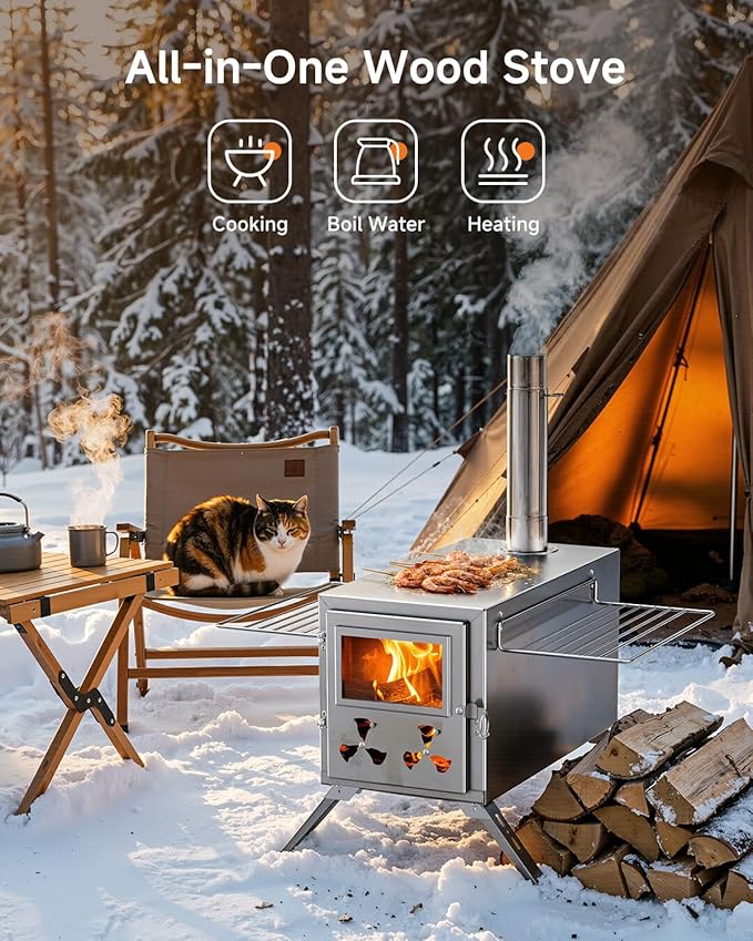 Hot Tent Wood Stove, Portable Camping Wood Burning Stove with 8 Stainless Chimney Pipes, Folding Wood Stove for Tent, Outdoor Heating, Cooking, Hunting, Ice Fishing