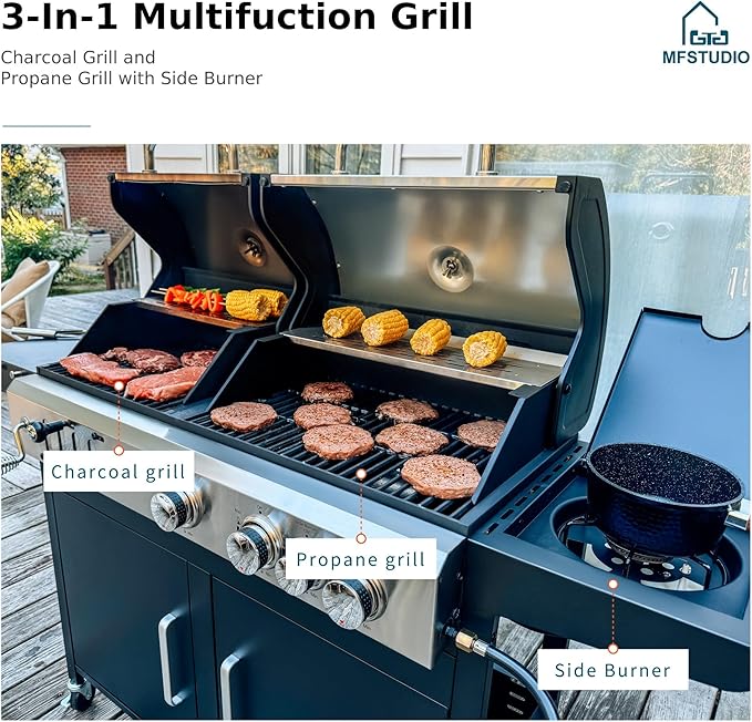 MFSTUDIO 3 In 1 Gas and Charcoal Grill Combo with Side Burner, Porcelain-Enameled Cast Iron Grate, Extra Large Dual-Function BBQ Propane Grills for Outdoor Barbecue Cooking, 690 SQIN Cooking Area
