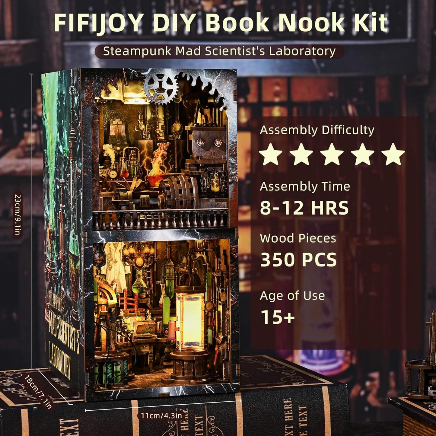 Book Nook Kit, Steampunk DIY Booknook Kits for Adults and Teens, 3D Wooden Puzzle Bookend Miniature Dollhouse Kit Creative Bookshelf Insert Decor with LED Light (Mad Scientist's Lab)