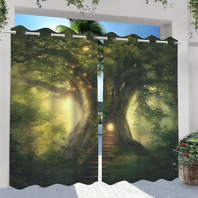 Fantasy Theme Waterproof Outdoor Curtains for Patio,Forest Pattern,Weatherproof Outside Curtain for Cabana, Porch, Pergola and Gazebo,2 Panels,36 x 84 inch,Green