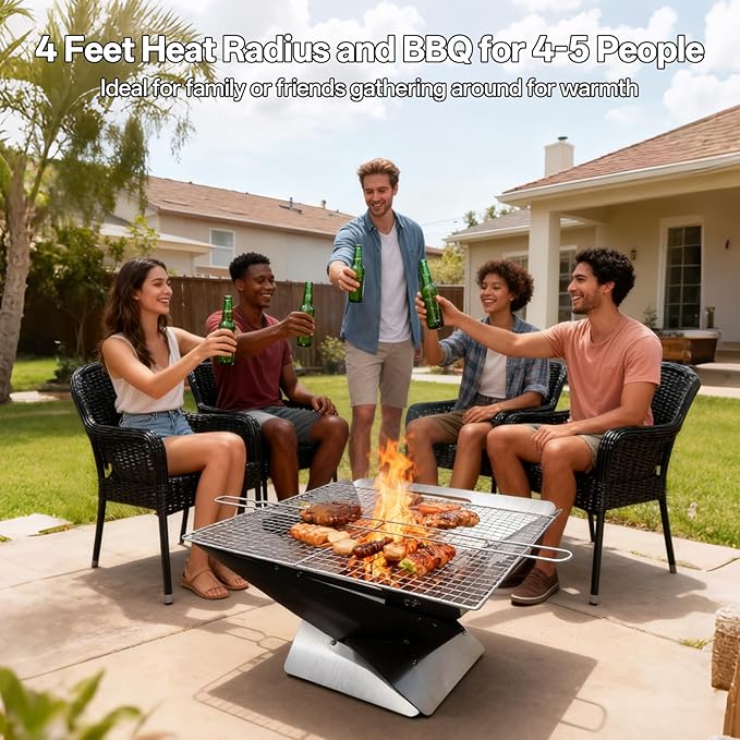 Foldable Portable Fire Pit - Stainless Steel Camping Fire Bowl with 304 Steel Grill Net & Heat-Resistant Gloves - Compact Bonfire Pit for Outdoor BBQ, Patio, Garden & Camping, 16.54 Inch