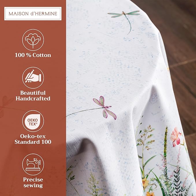 Maison d' Hermine Table Cloth Round Table 100% Cotton 63 Inches Tablecloth Reusable Decorative Everyday Use for Dining Room, Farmhouse, Home, Party, Festive & Wedding Spring Summer - Fleurs De Mai