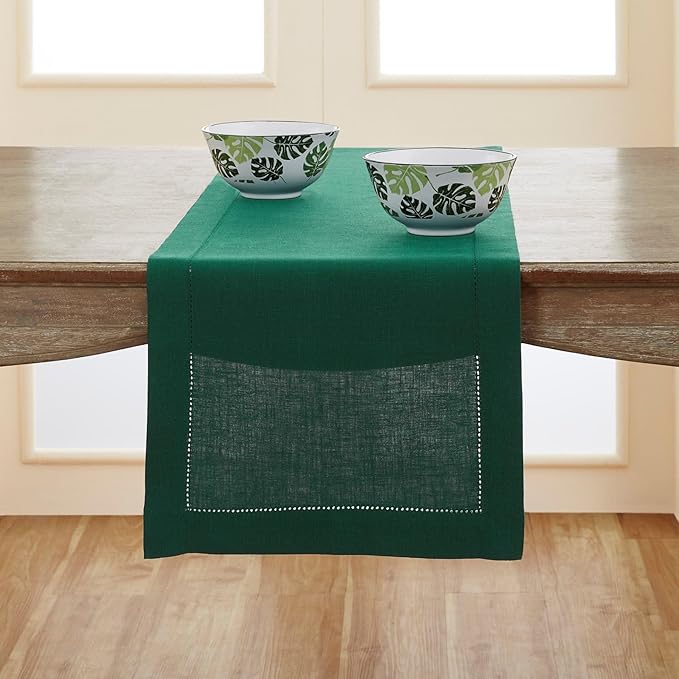 Solino Home Linen Table Runner 108 Inches Long - 100% Pure Linen Rainforest Green Table Runner 14 x 108 Inch for St Patricks Day - Classic Hemstitch