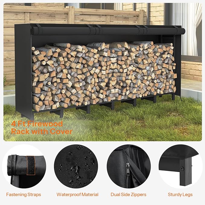 HOOBRO 8FT Firewood Rack with Cover, Outdoor Firewood Log Rack, Adjustable Log Holder with Waterproof Cover, Fireplace Wood Storage, Heavy Duty Wood Holder, for Indoor and Outdoor, Black BB02CH02