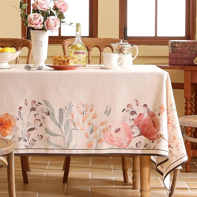 Linen Square Tablecloth,French Vintage Pink Floral Pattern Wrinkle Free Tablecloths,Decorative Table Cover for Kitchen,Dining,Thanksgiving,Christmas,Tea Party,67"*67"-Sloosa