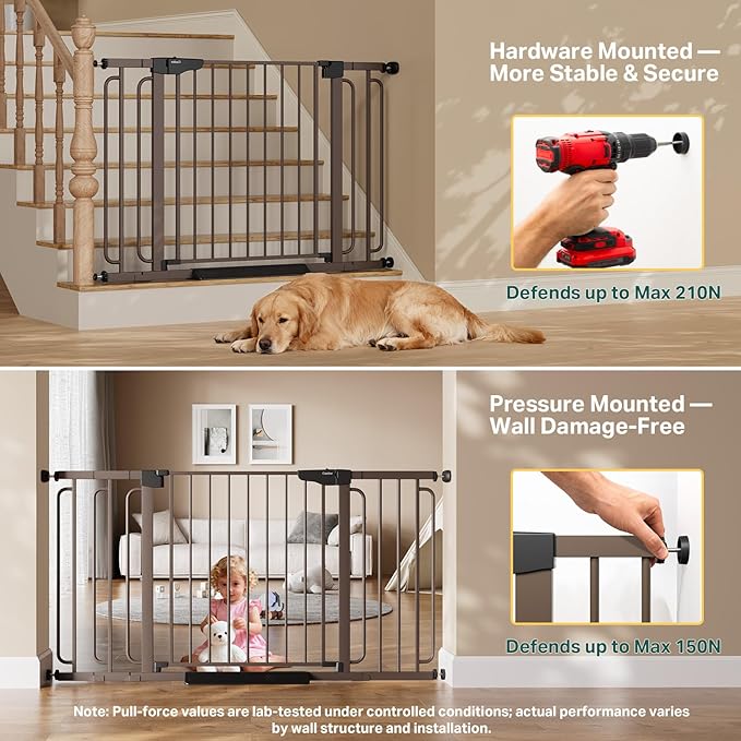 Cumbor 29.7-59" Extra Wide Baby Gate for Stairs, Pressure Mounted Dog Gate for Doorways, Auto-Close Easy Walk Through Safety Child Gate for Kids Toddler, Tall Pet Gates Indoor, Brown