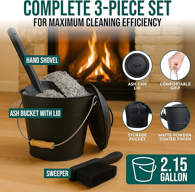 Smedley & York Black Ash Bucket with Lid, Complete Fireplace Tools Set, Includes Pail, Shovel & Broom, 2.15 Gallon Metal Coal Bucket with Accessories, Galvanized Iron Ash-Bucket for Fire Place