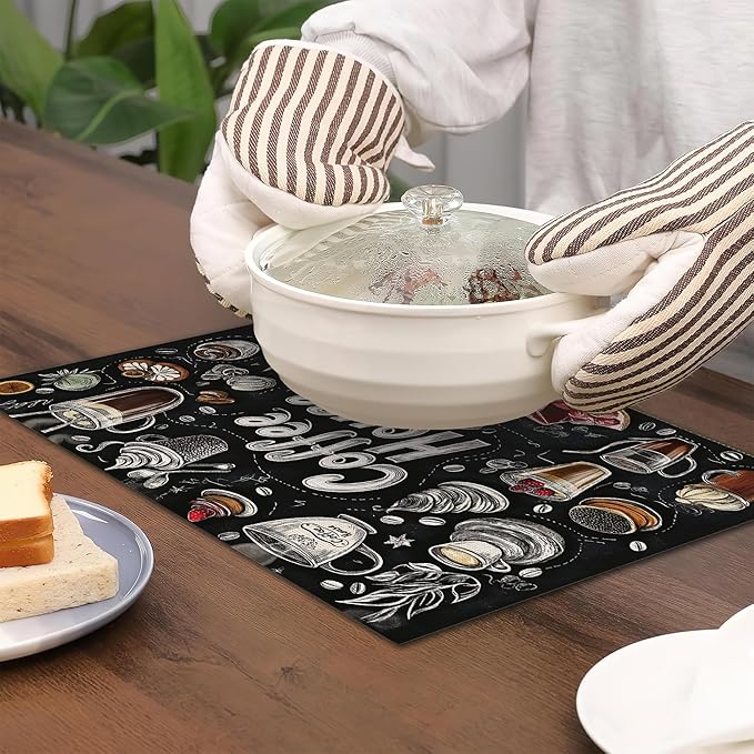 Coffee House Placemats Set of 6,Coffee Menu Table Mates Non-Slip Heat Resistant Washable Linen Place Mats for Party Kitchen Dining Decoration Indoor Outdoor 12"x18"