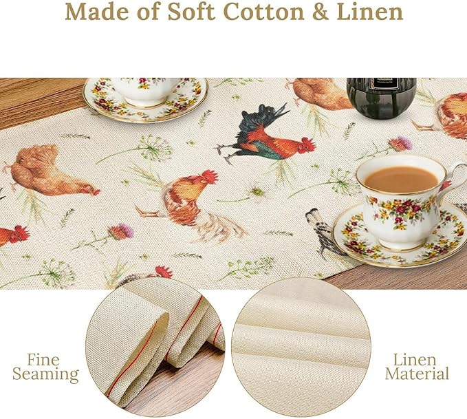 Farmhouse Rooster Table Runner, Rustic Farm Animals Cow Pig Chicken Coffee Table Center Decor for Home Kitchen Dining Patio Holiday Party Indoor Outdoor Table Decorations, 13"x90" Inch