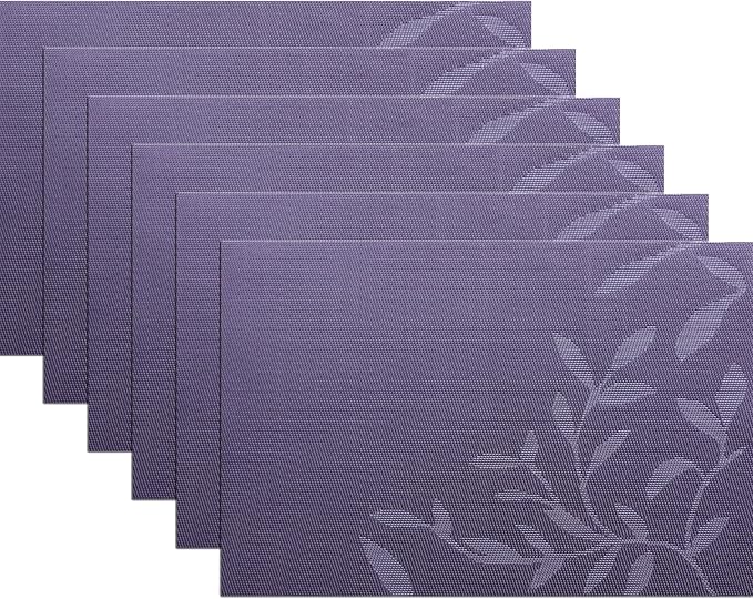 Leaf Placemats Set of 6, Non-Slip Heat-Resistant 18" x 12" Vinyl Washable Placemats for Kitchen Indoor Outdoor Party Birthdays Weddings Decoration (Purple)