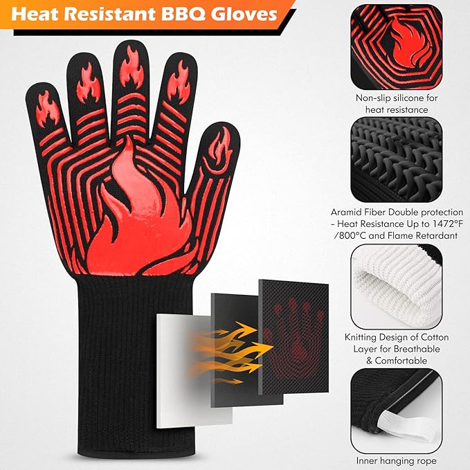 BBQ Gloves, 1472°F Heat Resistant Gloves Fireproof Mitts, Grilling Gloves Silicone Non-Slip Washable Oven Glove, Kitchen Glove for Barbecue, Grilling, Cooking, Baking, Camping, Smoker (Red)