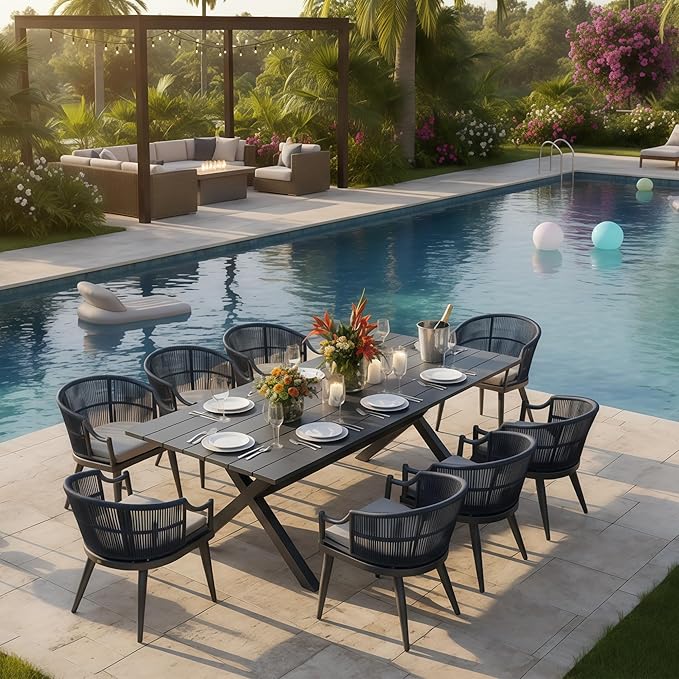PURPLE LEAF 9 Pieces Outdoor Dining Set All Weather Wicker Patio Dining Set with Rectangular Aluminum Table and Modern Armrest Dining Chairs for Garden Deck Backyard Kitchen, Grey