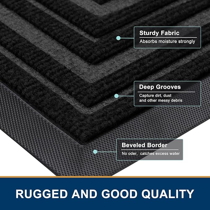 Buganda Front Door Mat Indoor Outdoor Entrance, Non-Slip Natural Rubber Doormats, Easy Clean, Low Profile, Dirt Trapper Entryway Floor Mats for Outside, Garages and Patios, 47x24, Black