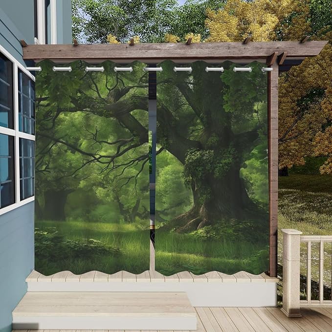 Nature Theme Waterproof Outdoor Curtains for Patio,Forest Pattern,UV and Fade Resistant Outside Curtains for Gazebo, Front Porch, Pergola,2 Panels,36 x 84 inch,Green