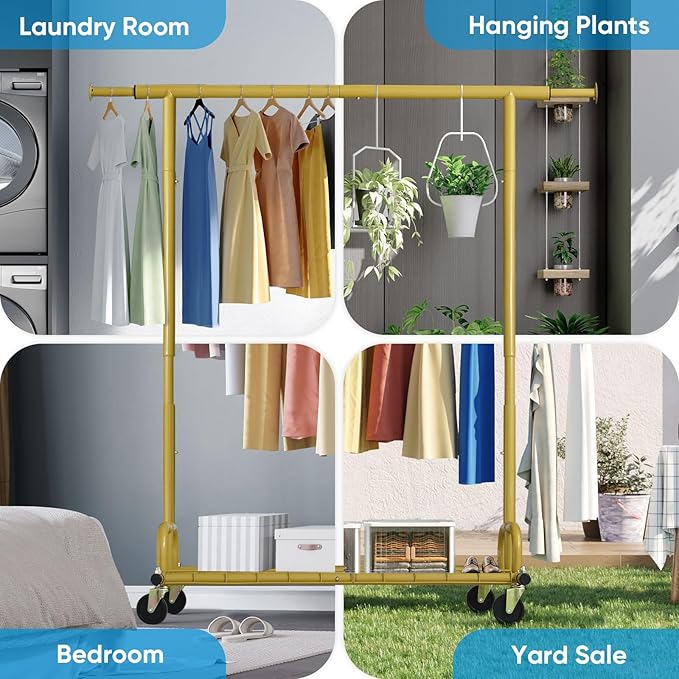 HOKEEPER Clothing Rack Gold Clothes Rack Heavy Duty Garment Rack for Hanging Clothes 525LBS Commercial Clothing Racks with Wheels for Bedroom, Laundry, Balcony, Living Room 22" D x 75" W x 71" H