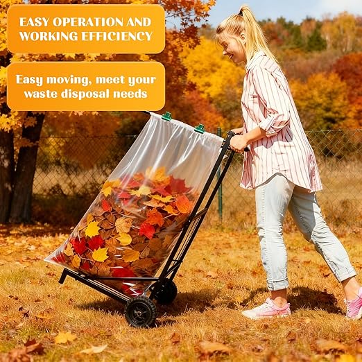 Trash Bag Holder with Wheels, Adjustable Metal Leaf Bag Holder with 4 Clips, Heavy Duty Outdoor Mobile Garbage Bags Cart, Lawn Garbage Bag Stand Holds 35-45 Gallon for Lawn Leaves, Camping, Weeding