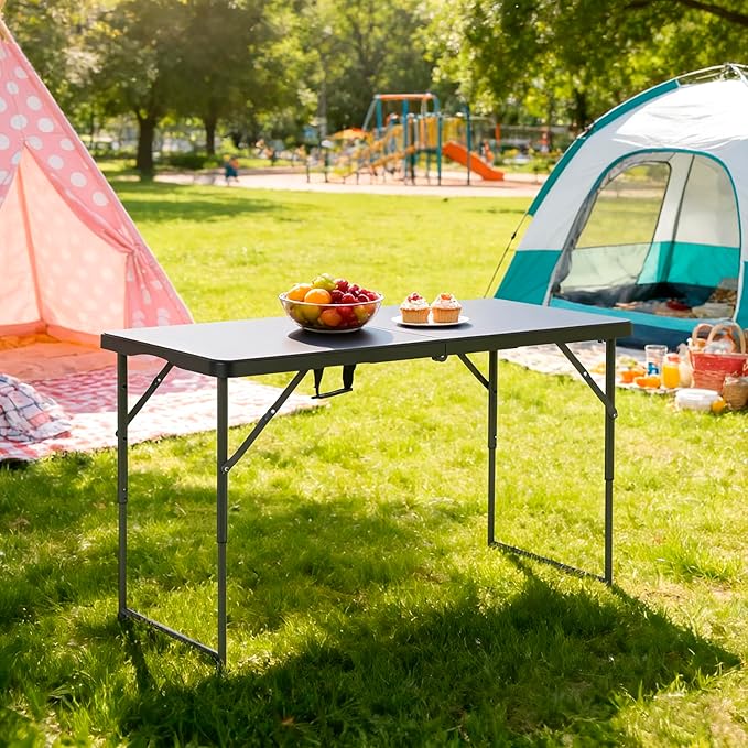 BestOffice 4 FT Picnic Table Folding Table Camping Plastic Table Fold Up Table Lock for Party Event, Black