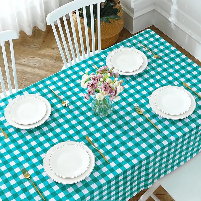 Romanstile Rectangle Vinyl Tablecloth, 100% Waterproof Buffalo Gingham Plastic Table Cloth, Heavy Duty Wipeable Checkered Table Covers for Outdoor, Camping, Picnic, Patio - 54 x 78, Teal Green