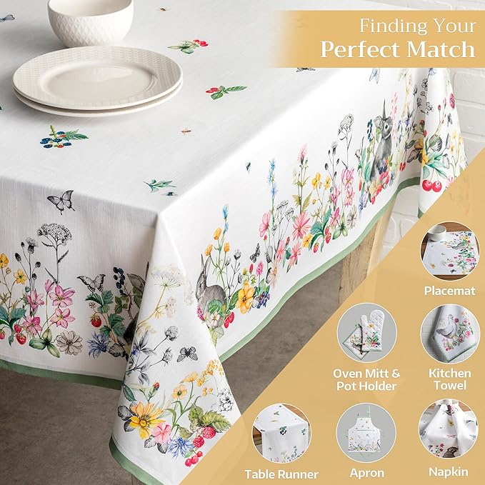 Maison d' Hermine Table Cloth Rectangle Table 100% Cotton 60 x 120 Inches Tablecloth Reusable Decorative for Dining Room, Farmhouse, Home, Party, Festive & Wedding Spring Summer - Printemps