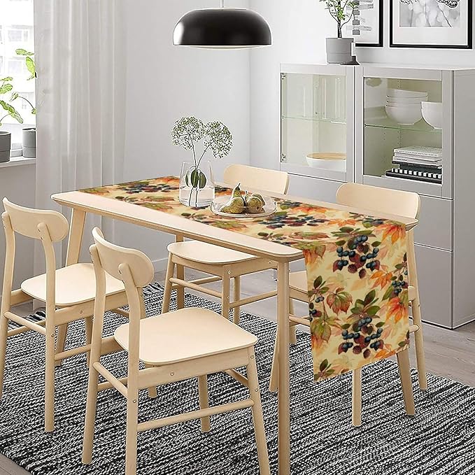 Autumn Leaf Table Runner, Thanksgiving Autumn Harvest Watercolor Black Berry Floral Fruit Leaves Vintage Table Runner for Home Party Picnic Dinner Table Decor, 13x108inch