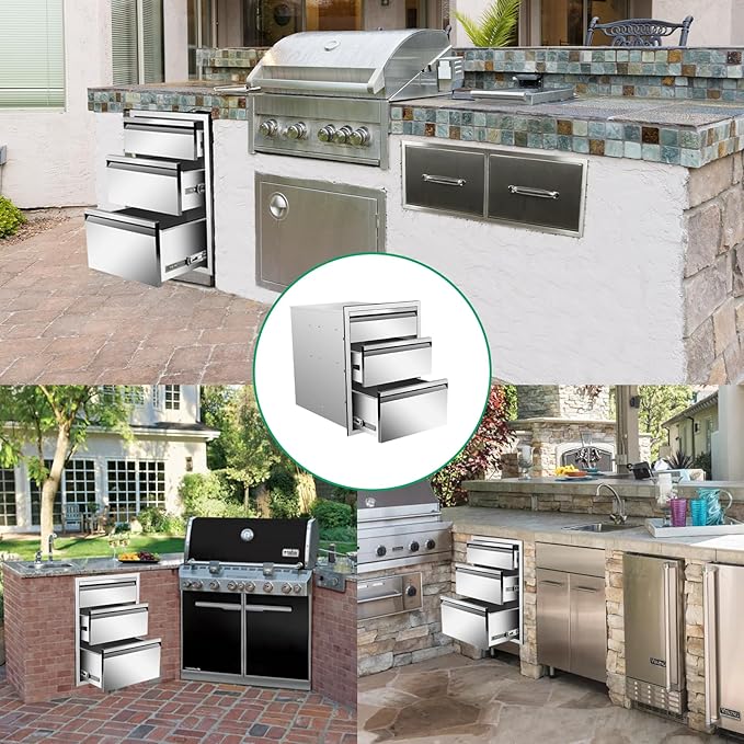 Outdoor Kitchen Drawers 16" W x 21" H x 23" D Stainless Steel Triple Drawers with Hidden Handle for BBQ Island, Patio Grill Station & Outdoor Kitchen Cabinets