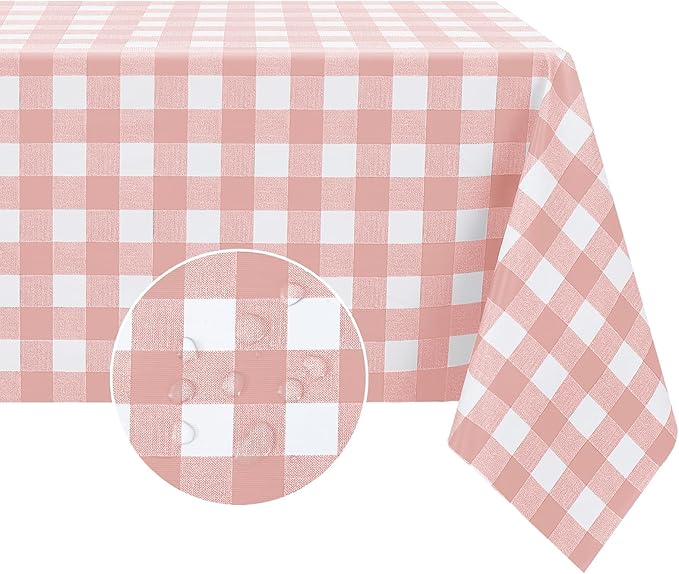 Romanstile Rectangle Vinyl Tablecloth, 100% Waterproof Checkered Plastic Table Cloth, Heavy Duty Buffalo Gingham Table Cover for Dining, Camping, Picnic, Outdoor - 54 x 120 Inch, Light Pink