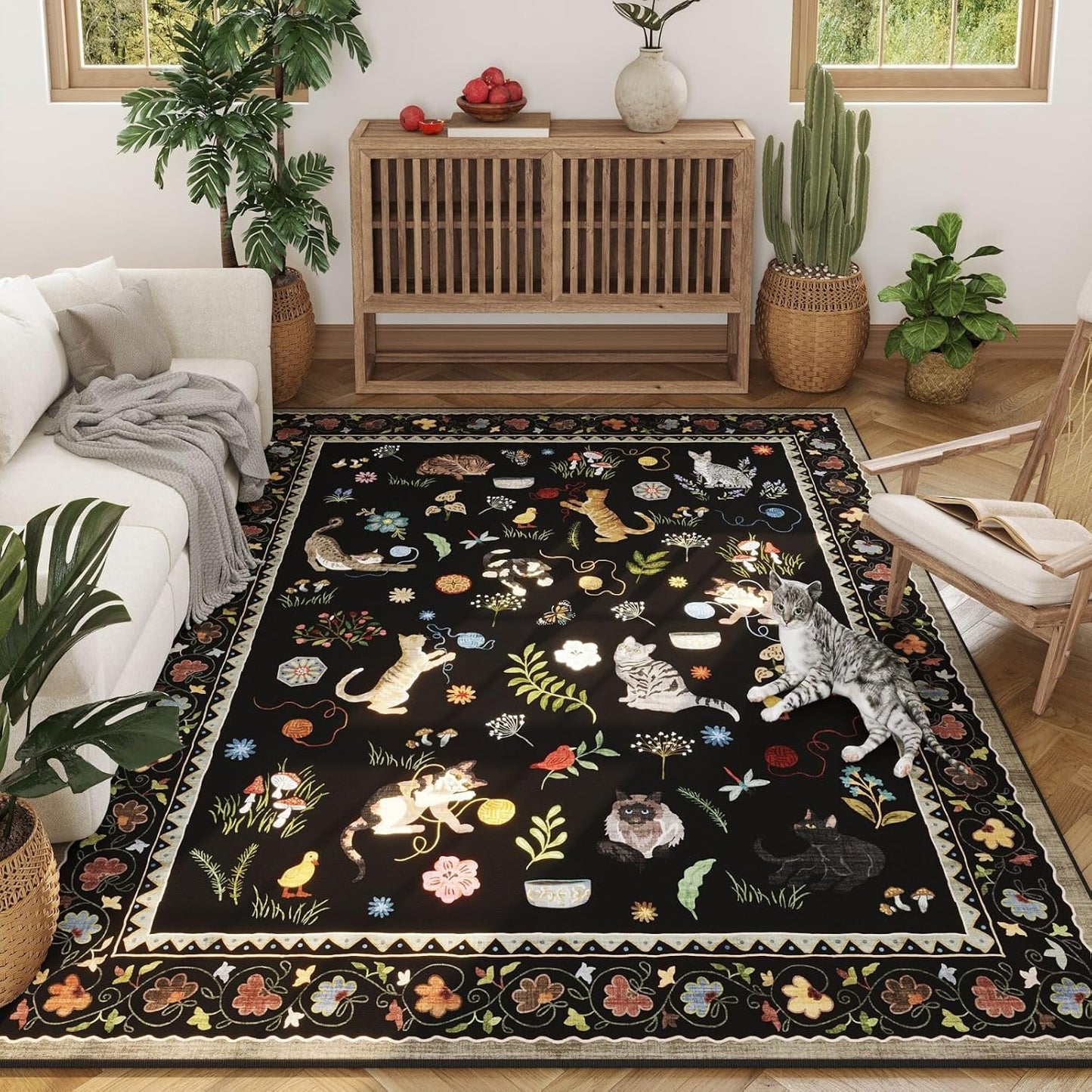 Rugcomf Living Room Rug 6x9 Rug Machine Washable Boho Area Rug Non Slip Floral Animal Cat Vintage Low Pile Large Rug for Living Room Bedroom Farmhouse Dining Room Kids Playroom, Black