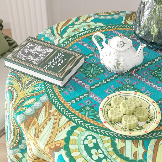 Linen 55 Inch Round Tablecloth,Wrinkle Resistant French Green Tablecloth Print with Froal,Decor Stitch Table Cloth for Thanksgiving,Dining Room,Home,Kitchen Diameter 55"-Milen