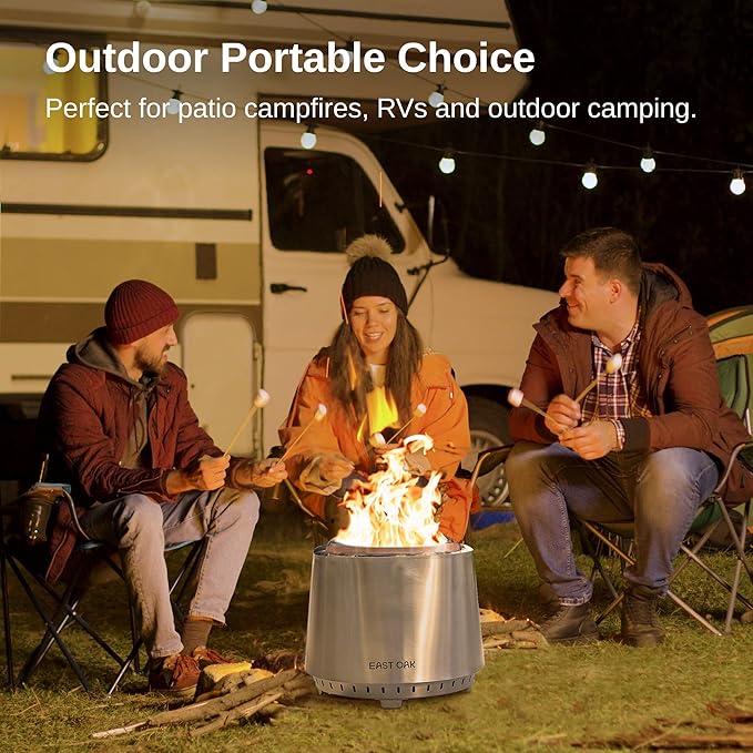 EAST OAK Camber Smokeless Fire Pit 17'' for Outside Patio, 304 Stainless Steel Wood Burning Fireplaces, Portable Outdoor Bonfire Pit with Poker, Stand & Removable Ash Pan for Camping, Chisel Steel