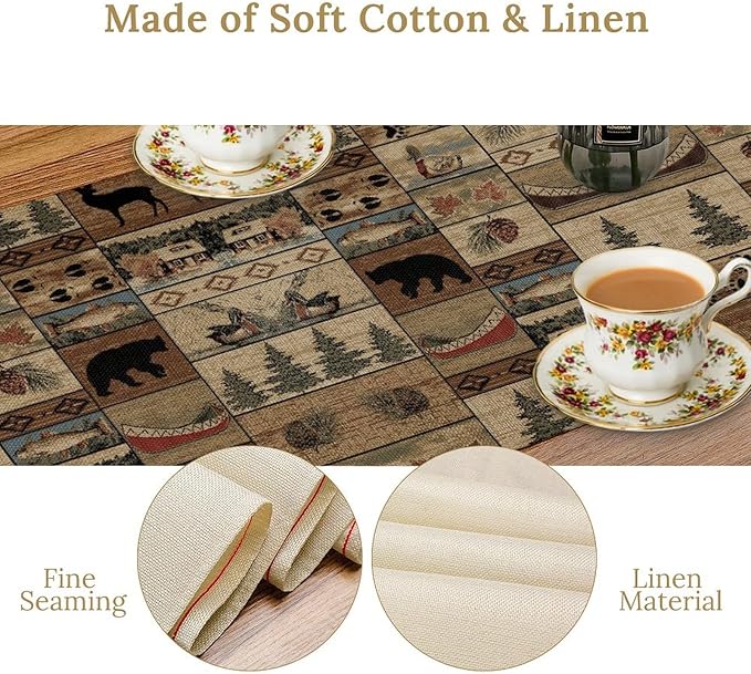Wildlife Bear Table Runner, Rustic Cabin Animal Farmhouse Table Runner for Home Kitchen Dining Table Party Home 13x60in