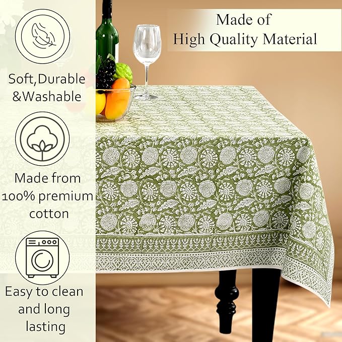 CPC Olive Bloom Tablecloth 100% Cotton 72x140 Inch Indian Block Print Rectangle Table Cover, Table Cloth for Gifting in Weddings, Halloween, Fall, Christmas, Thanksgiving