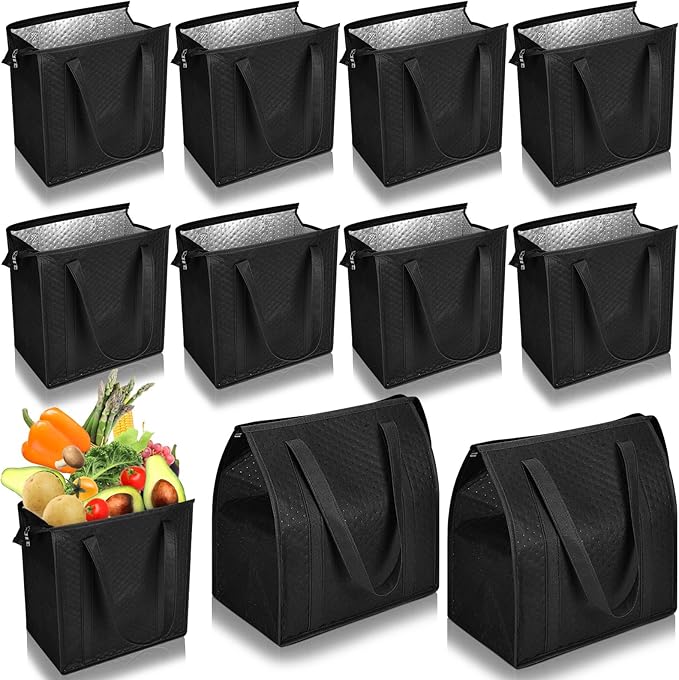 10 Pack Large Insulated Grocery Bags Reusable Shopping Bags with Zippered Top 13 x 12 x 7 Inch Thermal Cooler Totes Bulk with Handles for Hot Cold Food Delivery Refrigerator(Black)