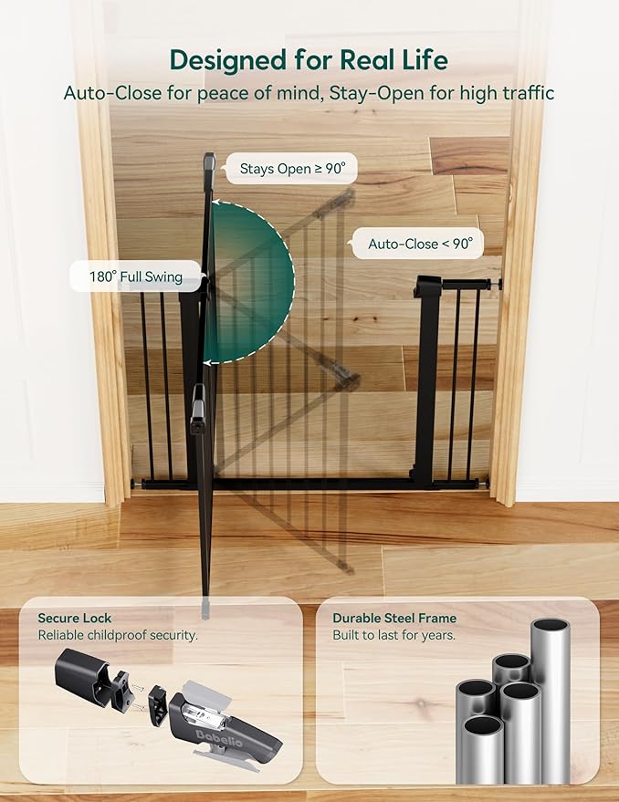 Babelio Metal Auto Close Baby Gate PressGuard P7, 29-48" Wide 30" Tall Extra Wide Pet Gate for The House and Doorways, Pressure Mounted Walk Thru Child Gate with Door, Black