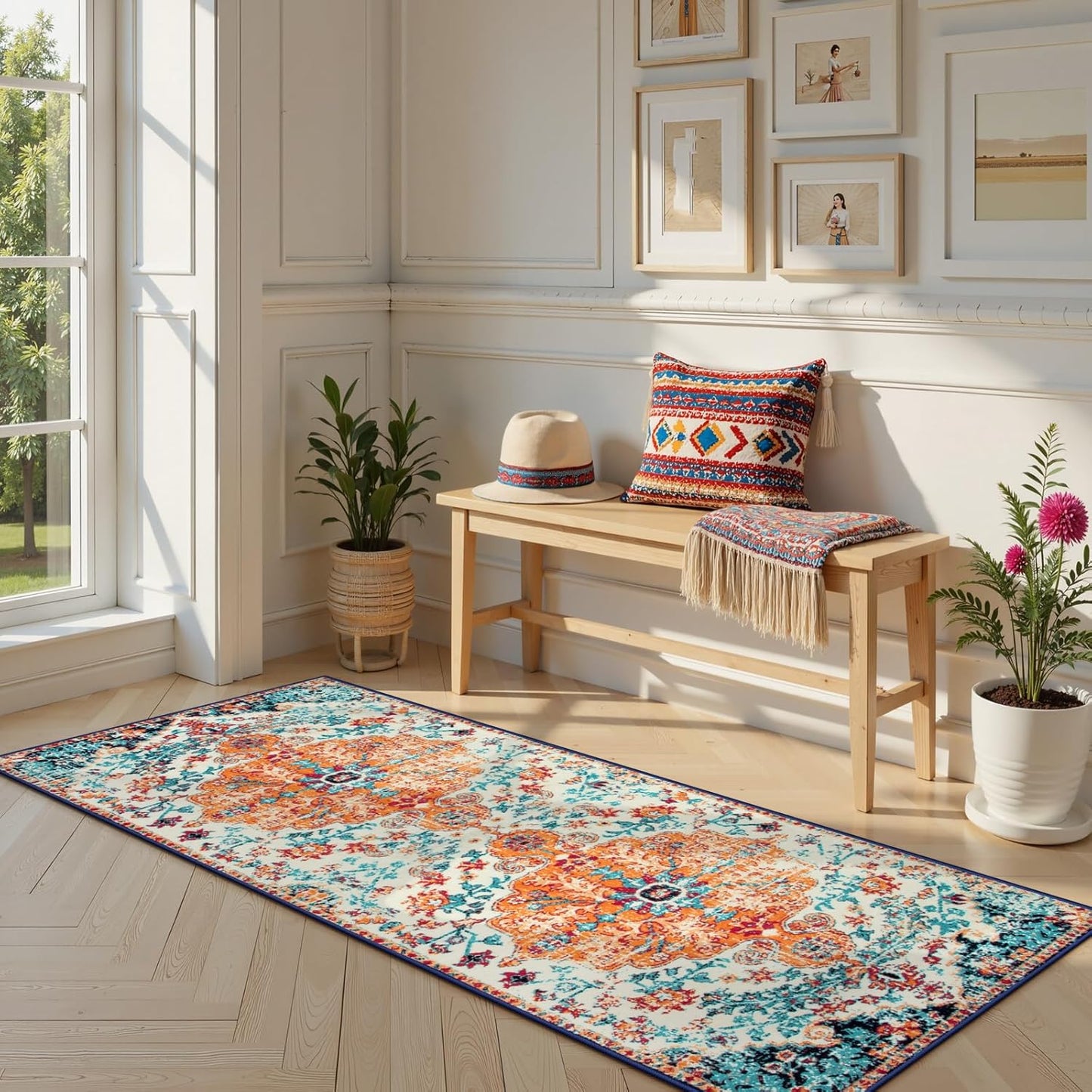 Lahome Bohemian Floral Medallion Runner Rug - 2'8" x 8' Oriental Distressed Hallway Runner Rug Country Vintage Washable Non-Slip Laundry Carpet Soft Low-Pile Indoor Mat for Entryway Bedside Decor