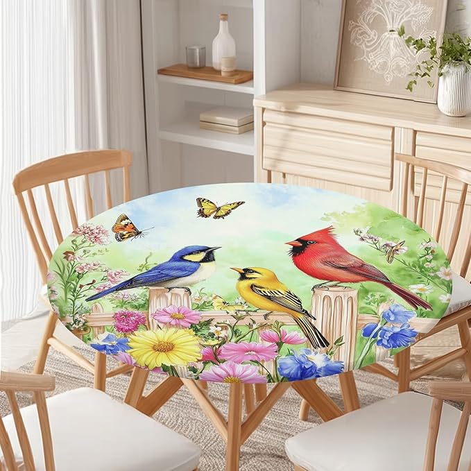 Spring Birds Floral Round Fitted Tablecloth with Elastic Colorful Flower Butterfly Circle Table Cloth for 40-44" Round Tables Wipeable Waterproof Farmhouse Easter Table Cover for Outdoor Picnic Dining