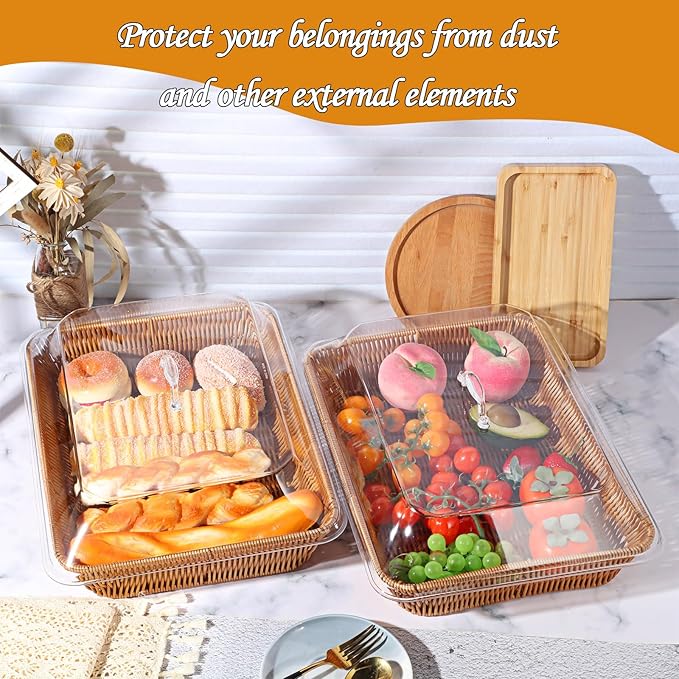 2 Set Wicker Bread Basket for Serving with Acrylic Lid Imitation Rattan Bread Basket Woven Rectangular with Cover for Fruit Food Display Party Easter Picnic(15.75" X 11.81", 13.78" X 9.84")