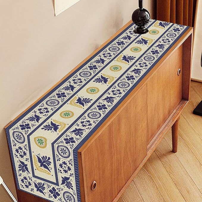 Mexican Table Runner, Blue Floral Birds Mexico Talavera Ceramic Dia De Los Muertos Coffee Table Center Decor for Family Home Kitchen and Dining Farmhouse Indoor Outdoor Table Decorations, 13" X 36"