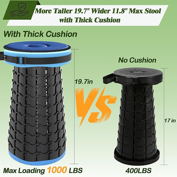 ALEVMOOM Upgraded XXL Collapsible Stool with Cushion 19.7",1000lbs Max Weight,Wider & Taller Pop Up Seat, Heavy Duty Portable Retractable Folding Chair or Travel Foot Rest for Camping & Outdoors