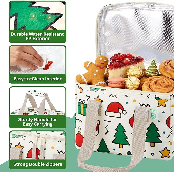 VENO 2 Pack Christmas Insulated Lunch Bag, Heavy Duty Insulated Grocery Bags, Small Cooler with Water-Resistant PP Exterior for Work, Picnic, Travel, Easy-Clean (Jingle Mix, 2 Pack)
