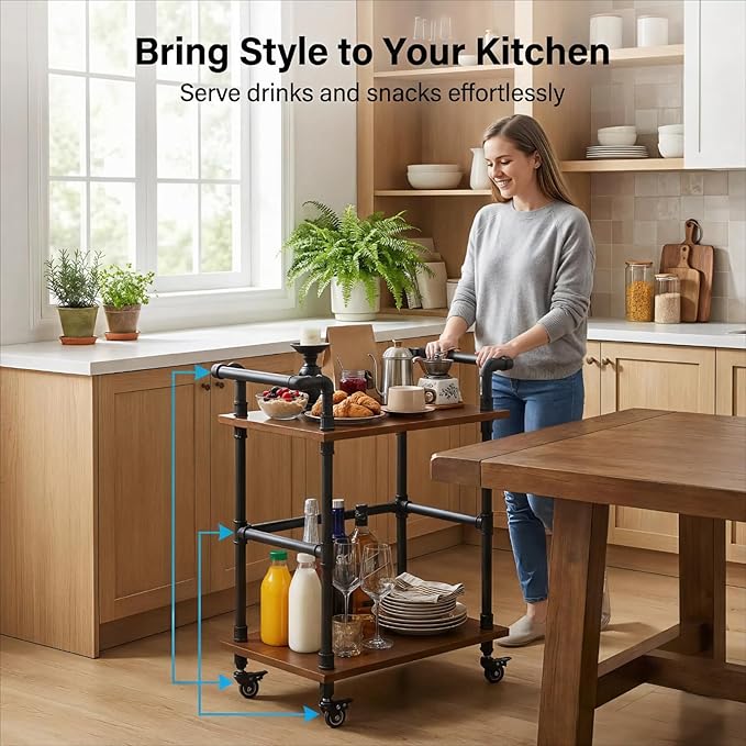 Industrial Pipe Bar Carts/Serving Carts/Kitchen Carts/Wine Rack Carts on Wheels with Shelves - Wood Rolling Carts - Wine Tea Liquor Shelves/Holder - Home Furniture (Two tiers pipe wood bar cart)
