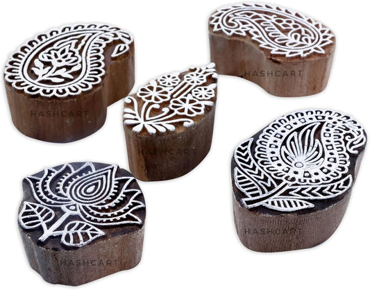 HASHCART® Elegant Designs Flower and Lotus Wooden Block Stamps Set of 5, Handmade Wood Printing Stamps for Kids' Art Projects, Textiles, Fabric, Clay, Henna, Tatotoo, Wood Stamp for Craft